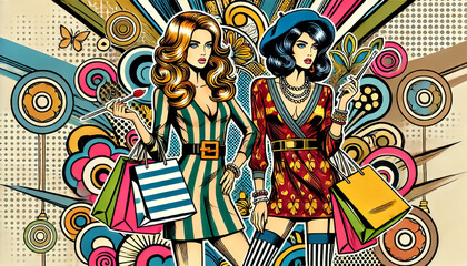 Two women shopping, pop art style
