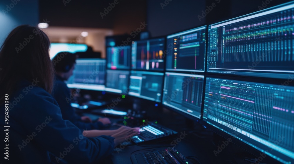 Poster professionals working on multiple computer screens in a modern tech environment, focused on data ana