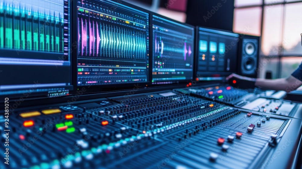 Poster professional audio mixing console with vibrant waveforms and advanced controls in a modern recording