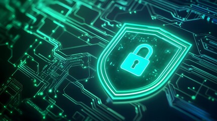 Fototapeta premium Futuristic digital shield symbolizing cybersecurity protection with a glowing lock icon on a complex network background.