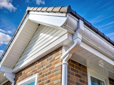 Close-up of freshly installed white uPVC soffit boards below facia along the roofline of a house, demonstrating a clean and modern exterior home renovation.