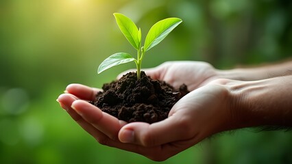 Environment Earth Day In the hands of trees growing seedlings. Bokeh green Background Female hand holding tree on nature field grass Forest conservation