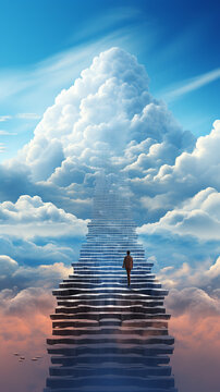 generated illustration of a man is walking up a flight of stairs in a sky filled with clouds