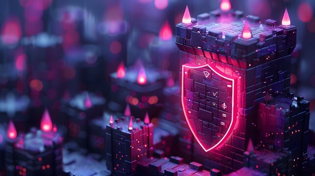 Futuristic fortress with glowing pink shield and turrets, representing cybersecurity and digital protection in a cyberpunk setting.