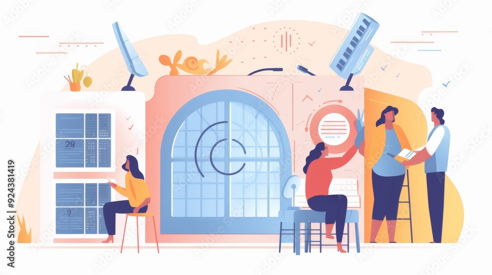 Poster a group of people are working on a project in a room with a large archway in the