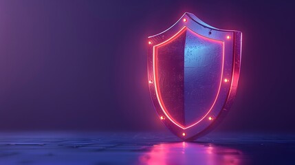 Futuristic glowing shield with neon lights symbolizing cyber security and digital protection in a dark, misty environment.