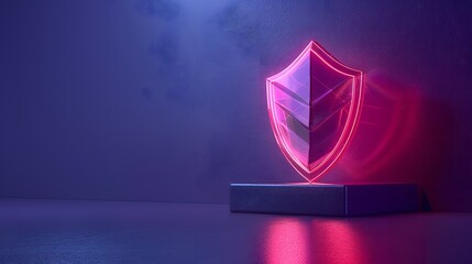 Futuristic neon shield icon in a dark room representing digital security or protection in a modern, technological context.