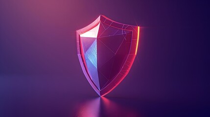 Futuristic neon shield icon representing cybersecurity and digital protection in a glowing 3D design on a dark background.