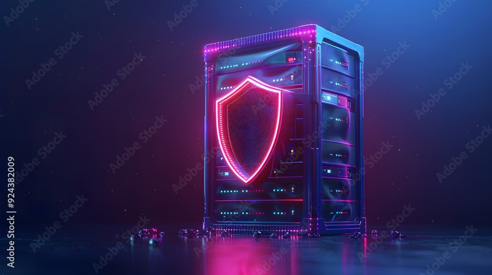 Poster futuristic server data security concept with neon lights, showcasing shield icon for advanced cyber 