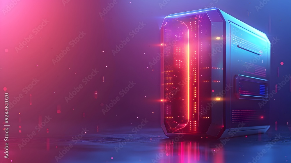 Poster futuristic server glowing in neon lights within a high-tech data center environment.