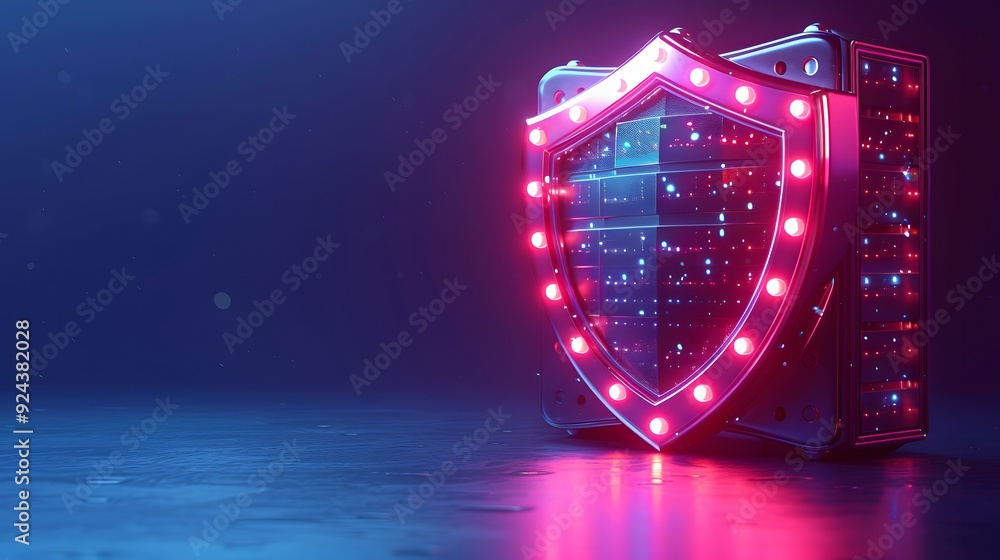 Poster futuristic server protected by glowing shield, symbolizing data security and cybersecurity in a digi