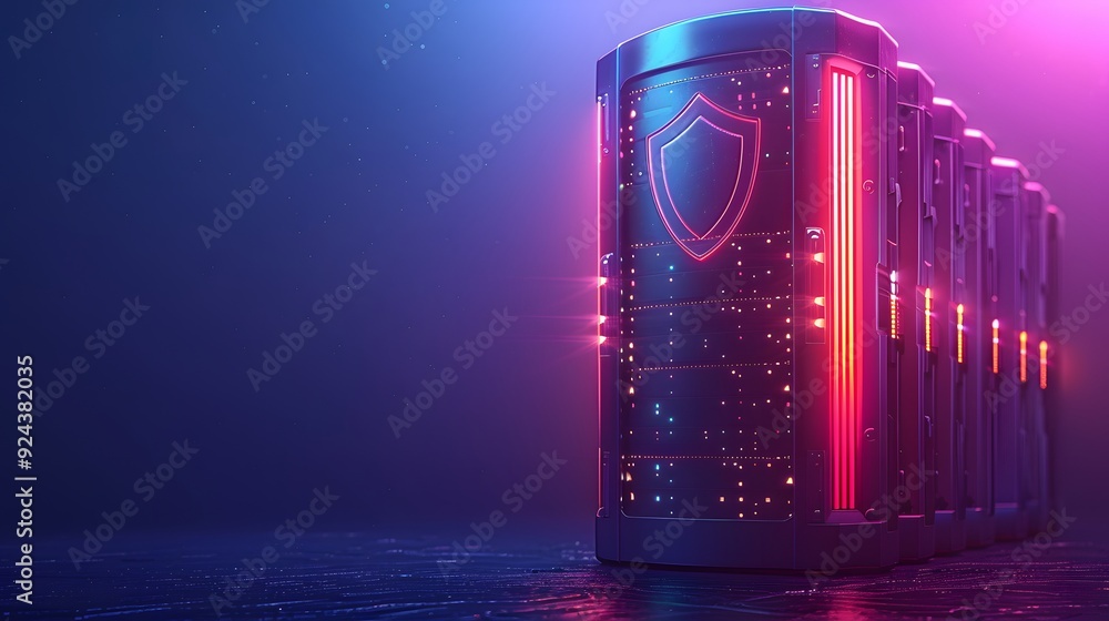 Poster futuristic server rack with glowing shield icon in neon light, representing cybersecurity and data p