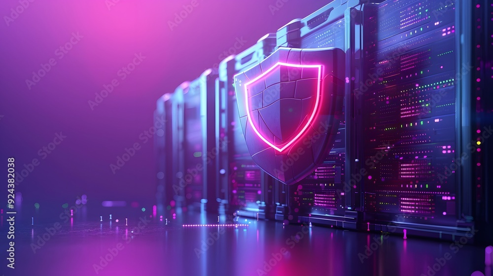Poster futuristic server rack with a glowing shield symbol representing cybersecurity and data protection i