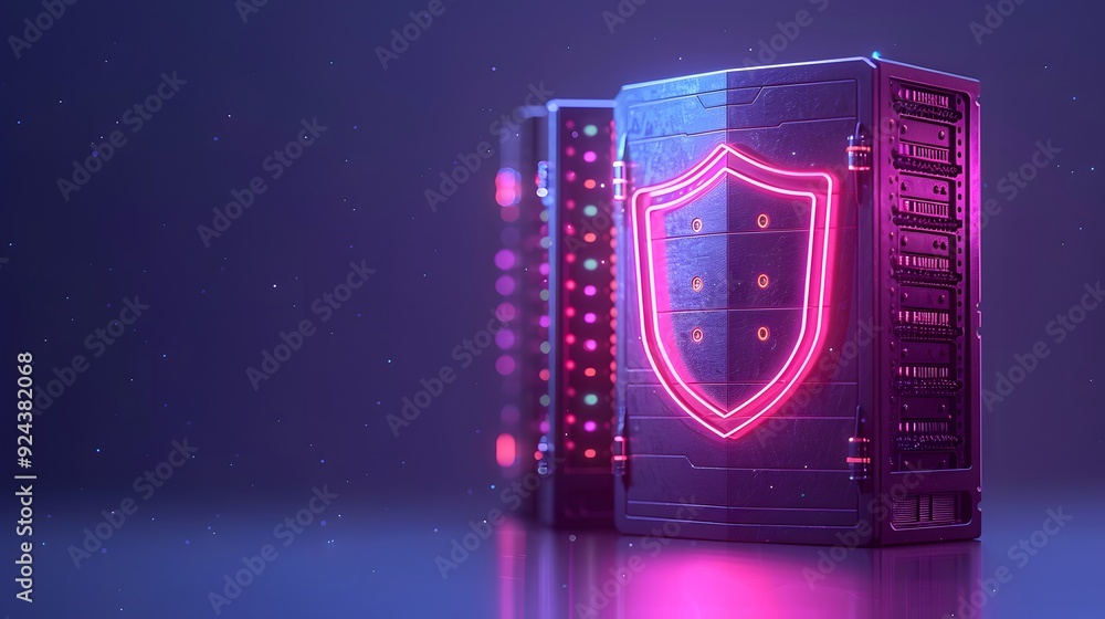 Poster futuristic server racks with neon lights and a glowing shield, symbolizing cybersecurity and data pr