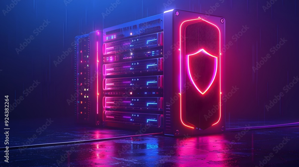 Poster futuristic server room with neon lights and a shield icon, representing cybersecurity and advanced t