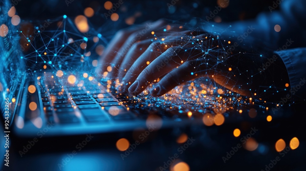Aufkleber hands typing on laptop with abstract digital network