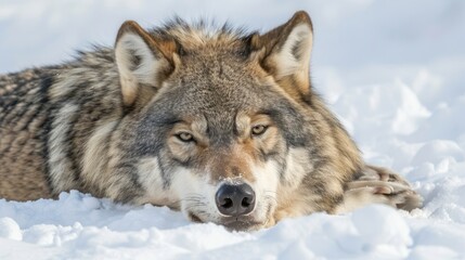 A wolf rests in the snow, looking directly at the camera.