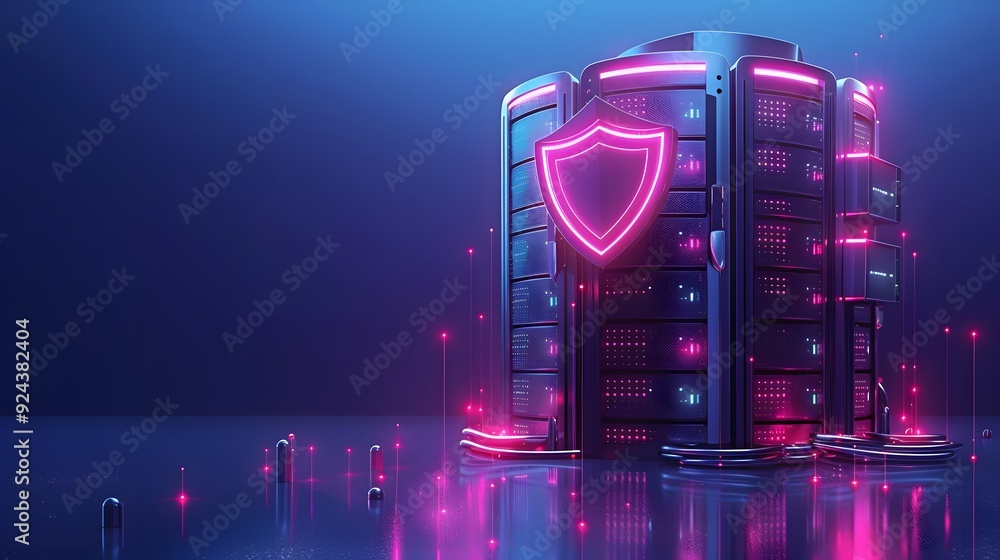 Poster futuristic server room with neon lights and digital shield, emphasizing cybersecurity and modern dat