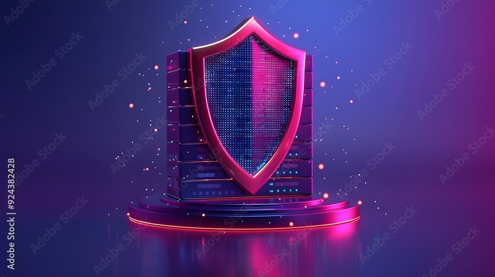 Aufkleber futuristic server with glowing shield icon representing cybersecurity protection in a digital networ