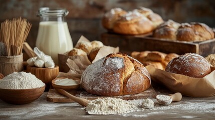 Fototapeta premium Assortment of freshly baked breads, flour, and milk on rustic wooden table.