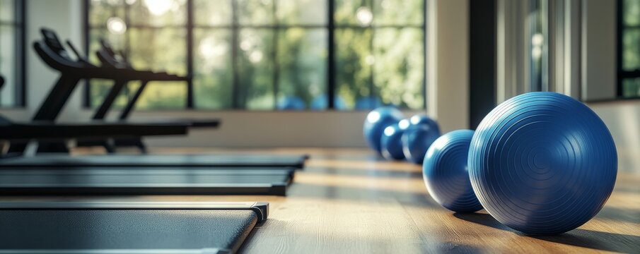 Blue exercise balls in a gym with treadmills in the background.