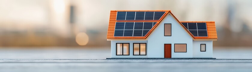 Fototapeta premium A model house with solar panels, symbolizing sustainable living and eco-friendly energy solutions for modern homes.