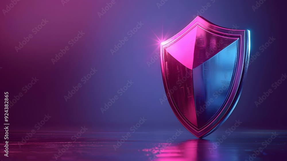 Poster futuristic shield with neon lights symbolizing cybersecurity and protection in a digital environment