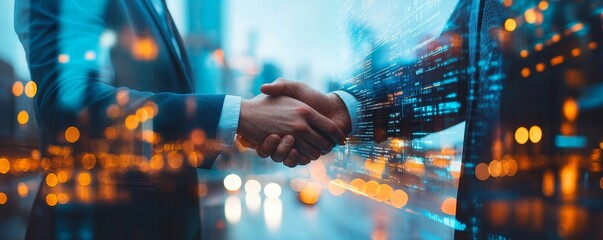 Business finance and investment concept. Double exposure of businessman working on laptop computer and the city with financial graph for business and technology, Generative AI