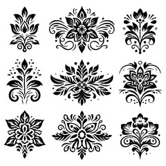 Elegant black and white damask floral designs, perfect for vintage and classic-themed decorative projects.
