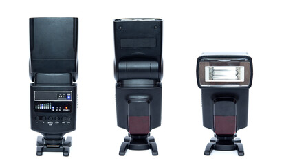 Manual external flash lighting for the camera on a white background