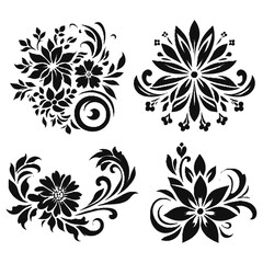 Set of four stylized floral designs featuring intricate black silhouettes with ornate petals and swirls.