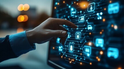 Global logistics network distribution and transportation, Smart logistics, supply chain concept, Business man touching on interface panel of global network, Generative AI