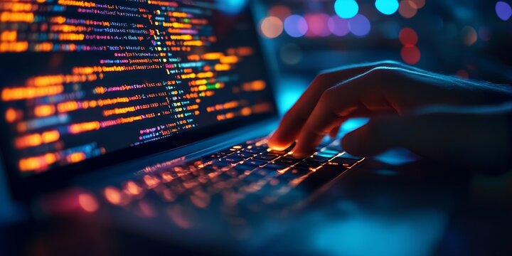 Digital software technology, mobile app development concept. Computer programmer, software developer coding on laptop computer with javascript and binary, Generative AI