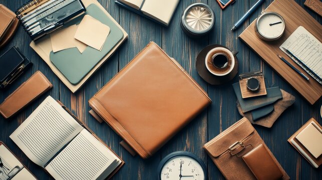Flat lay of various leather office supplies, notebooks, pens, and clocks on a dark wood background.