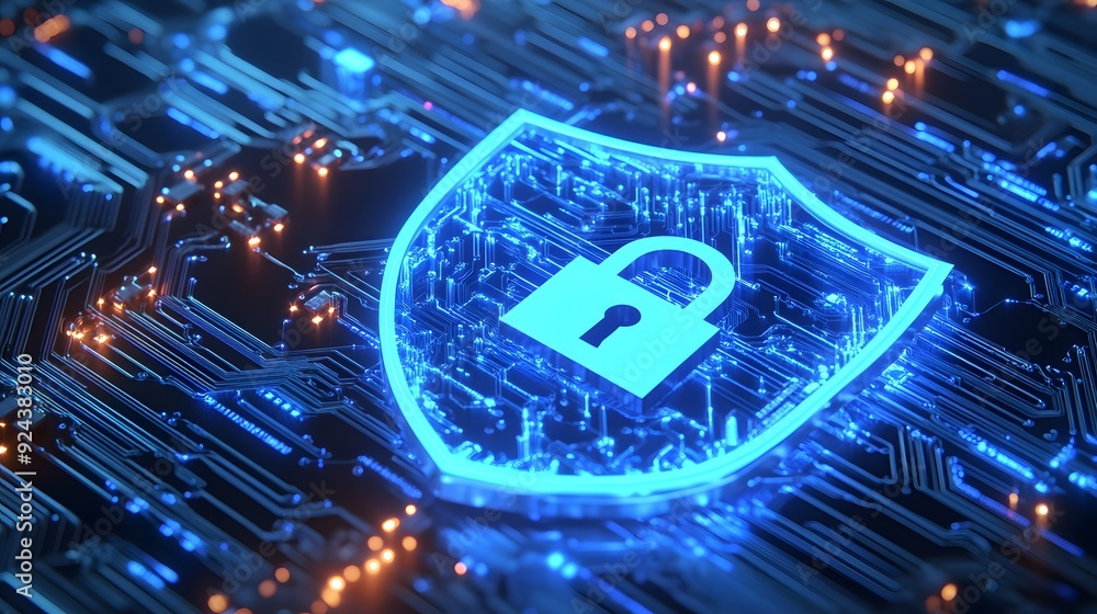 Poster glowing blue shield with a lock icon over a digital circuit board, representing cyber security and d