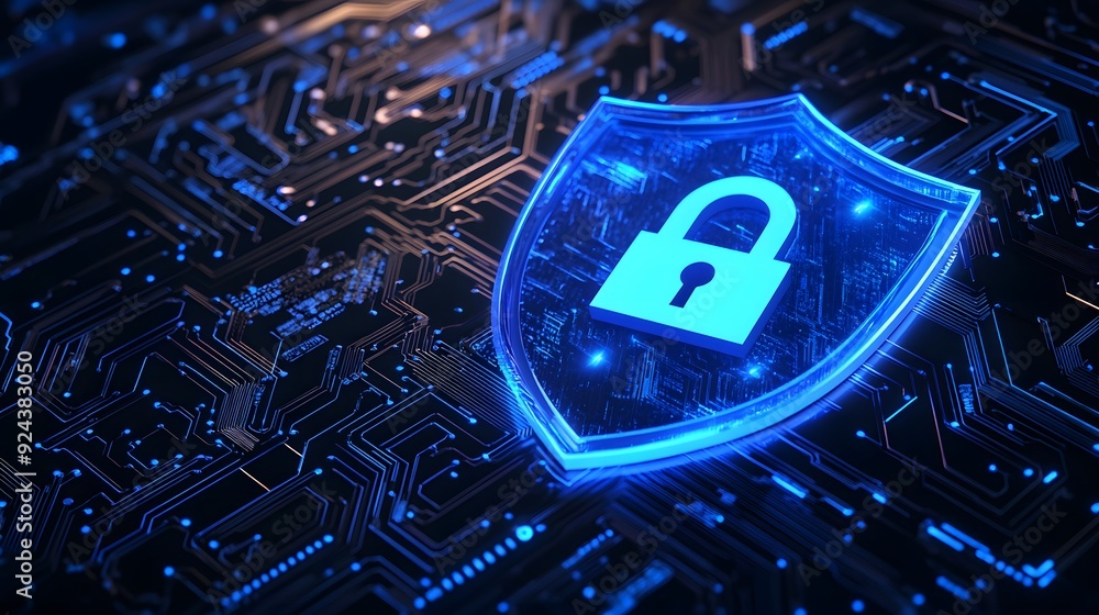 Poster glowing blue shield with lock icon on a digital circuit board, symbolizing cybersecurity and data pr