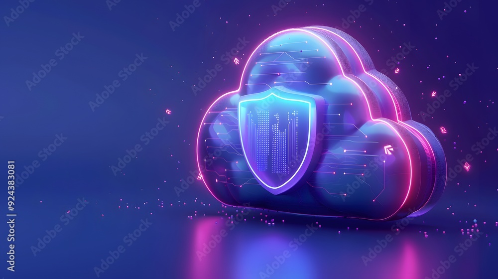 Poster glowing cloud with a shield icon representing secure cloud storage and data protection on a blue bac