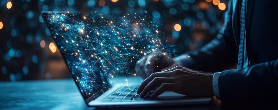 Digital Technology, IoT Internet of Things, Global business. Business man using laptop with global internet network connection with cloud computing and data management, information, Generative AI