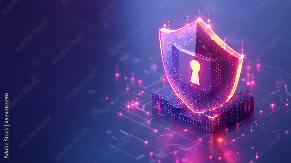 Poster glowing digital security shield with keyhole icon, representing cybersecurity and data protection in