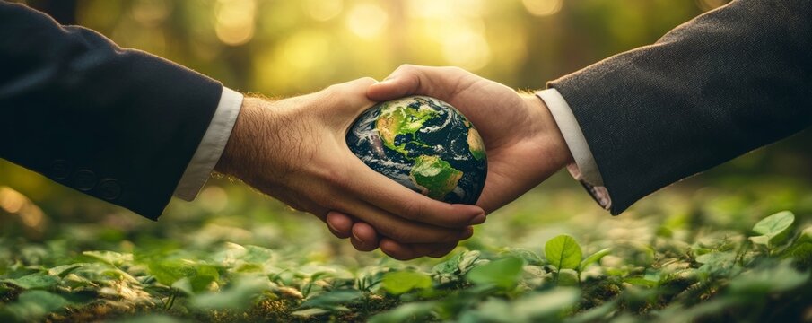 CSR, Corporate social Responsibility concept. Businessman hands shaking with global ecology, responsive business organization, environmental, sustainable and ethical, Generative AI