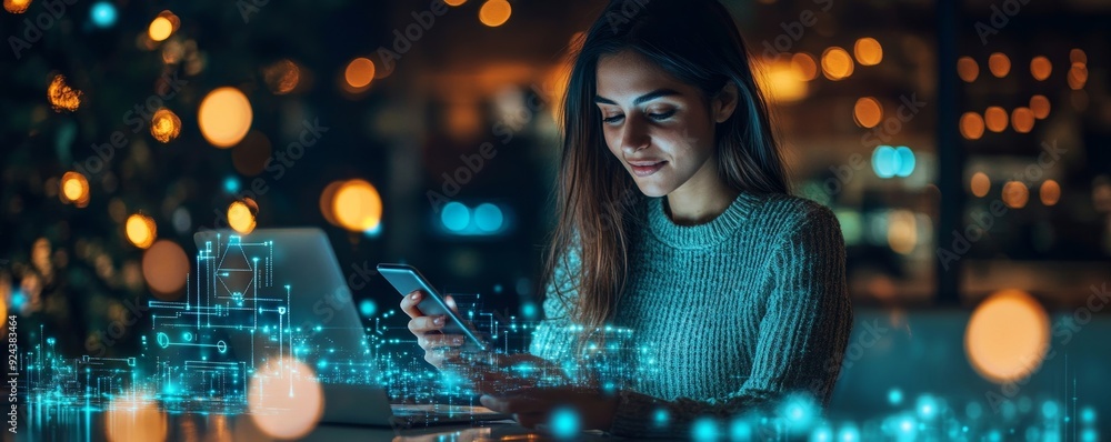 Poster iot internet of things, e-commerce concept. woman using mobile phone and laptop computer connecting 