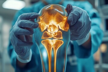 Orthopedics surgeon doctor examining patient's knee joint x-ray films, MRI bone, ct scan in at radiology orthopedic unit in hospital. knee joint film x ray, close, Generative AI