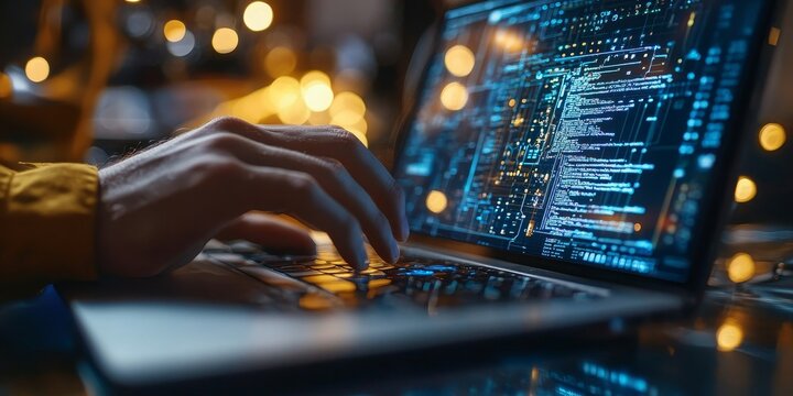 Digital technology, software development concept. Coding programmer, software engineer working on laptop with circuit board and javascript on virtual screen, internet of things, Generative AI