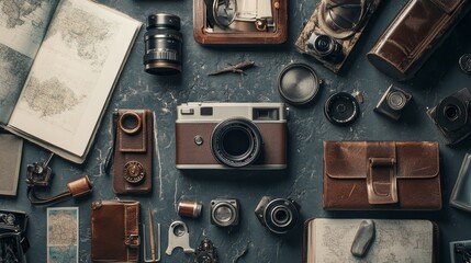 Fototapeta premium Vintage camera and travel accessories on a rustic background.