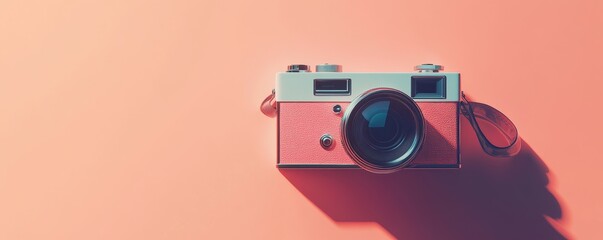 Fototapeta premium Vintage camera on a pink background with shadow.