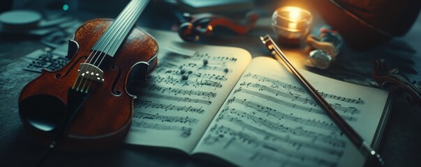 Fototapeta premium Violin, sheet music, and bow on a dark background.