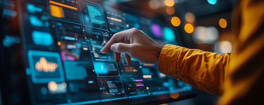 Agile software development. Business developer using computer with Kanban board framework on futuristic virtual screen interface, lean project management tool for fast changes, Generative AI