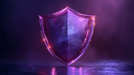 Glowing purple shield with futuristic reflections, symbolizing protection and security, set against a dark, mystical background.