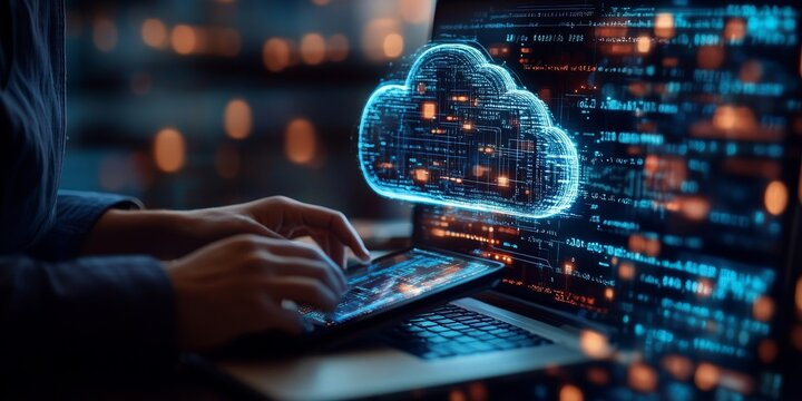Digital technology, data exchange, cloud computing, global business concept. Businessman working on laptop and digital tablet with internet network, futuristic, Generative AI