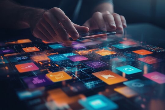 Man using smartphone with colourful mobile apps on virtual screen, digital software technology development concept, Generative AI